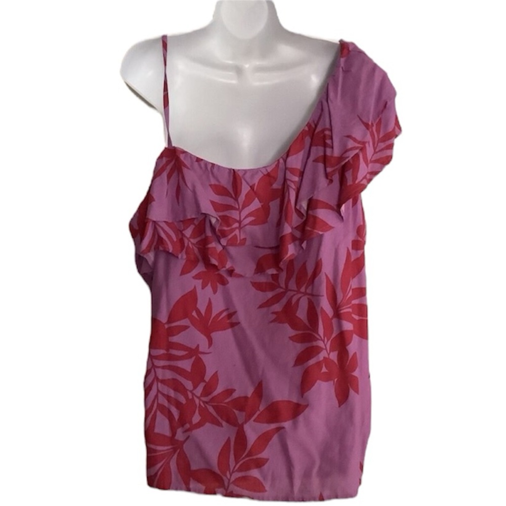 Old Navy One Shoulder Purple Red Tropical Ruffle Tank Top Women's Size XXL